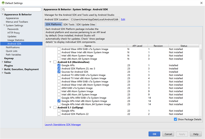 De Android SDK Manager details